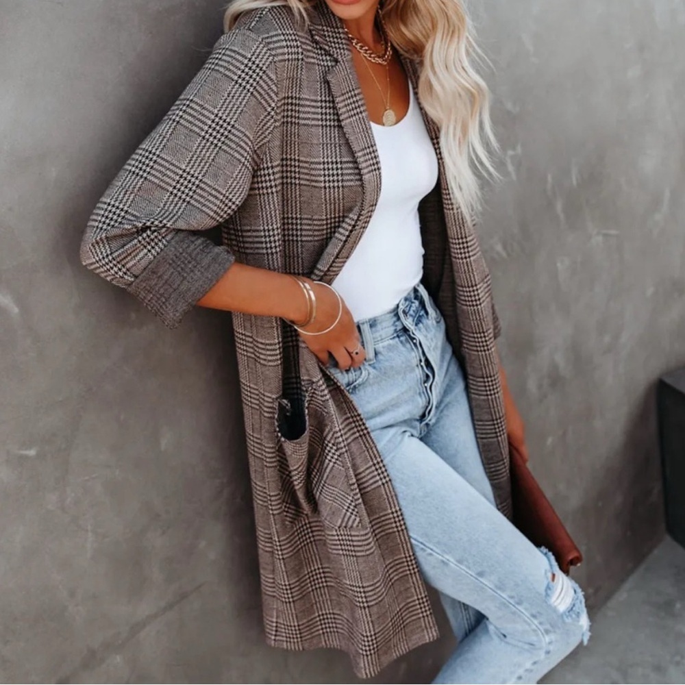 NWT En Creme Plaid Pocket Knit Coatigan Cardigan Coat Button Chocolate Taupe - Picture 4 of 10